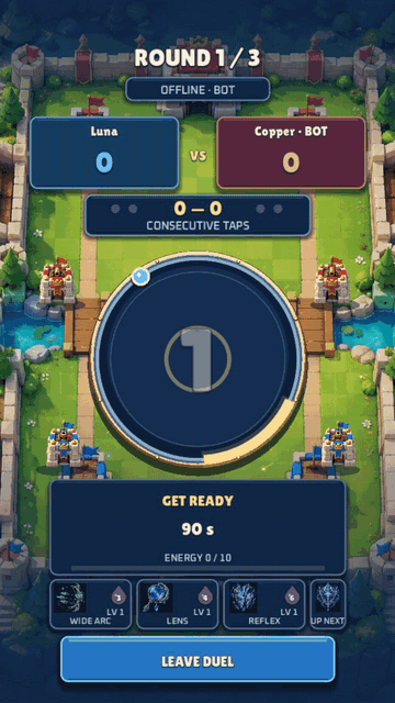A 1v1 duel in a cartoon arena: each hit fires a shot from your towers and lights up the timing ring