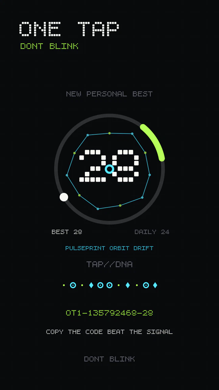 A share card with a score of 28, a TAP//DNA pattern and a dare code